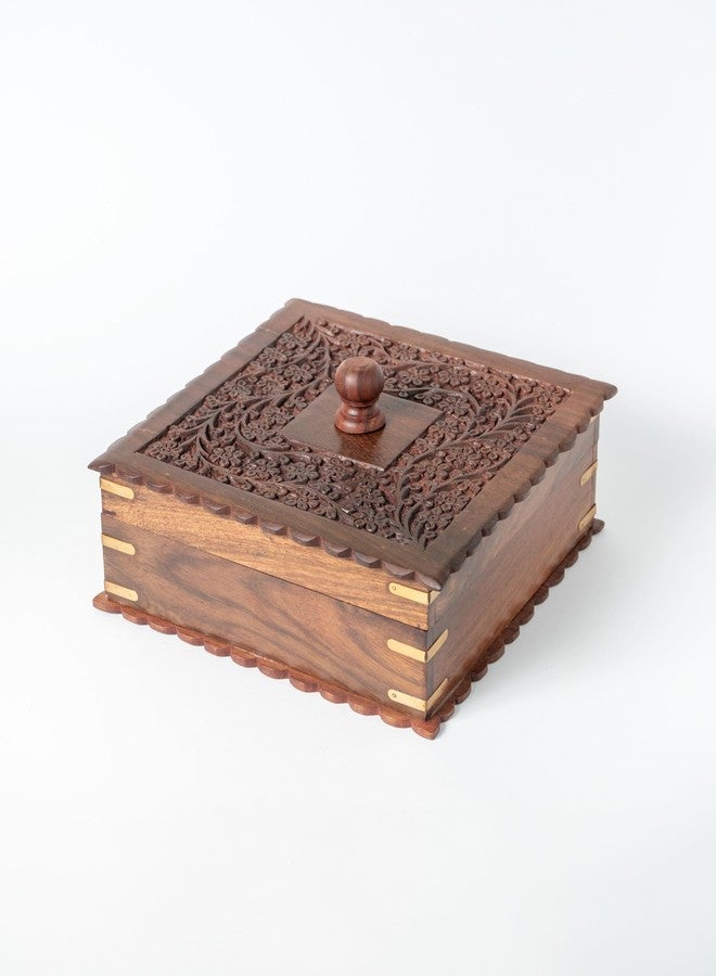 JUNSU CRAFT RA Junsu Craft Sheesham & Teak Wood Dry Fruit/Spice Box | 4 Partitions | Handmade Showpiece Box | Hand Carving Decorative Gift Boxes | Carved Lid | Square Shape | Size 19.5 x 8 cm - Image 1